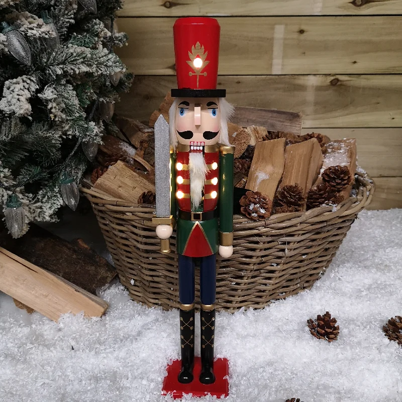 50cm LED Battery Operated Indoor Christmas Wooden Nutcracker Decoration in Green Jacket