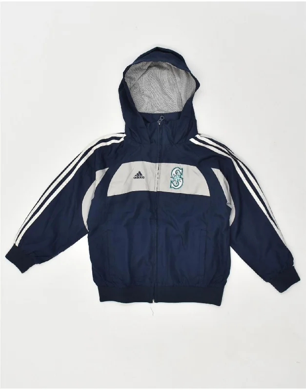 ADIDAS Boys Graphic Hooded Rain Jacket 5-6 Years Navy Blue Colourblock