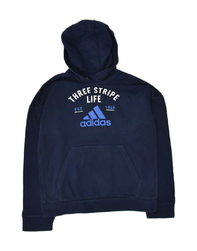 ADIDAS Boys Graphic Hoodie Jumper 9-10 Years Navy Blue Cotton