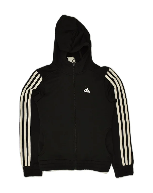 ADIDAS Boys Hooded Tracksuit Top Jacket 11-12 Years Black Polyester