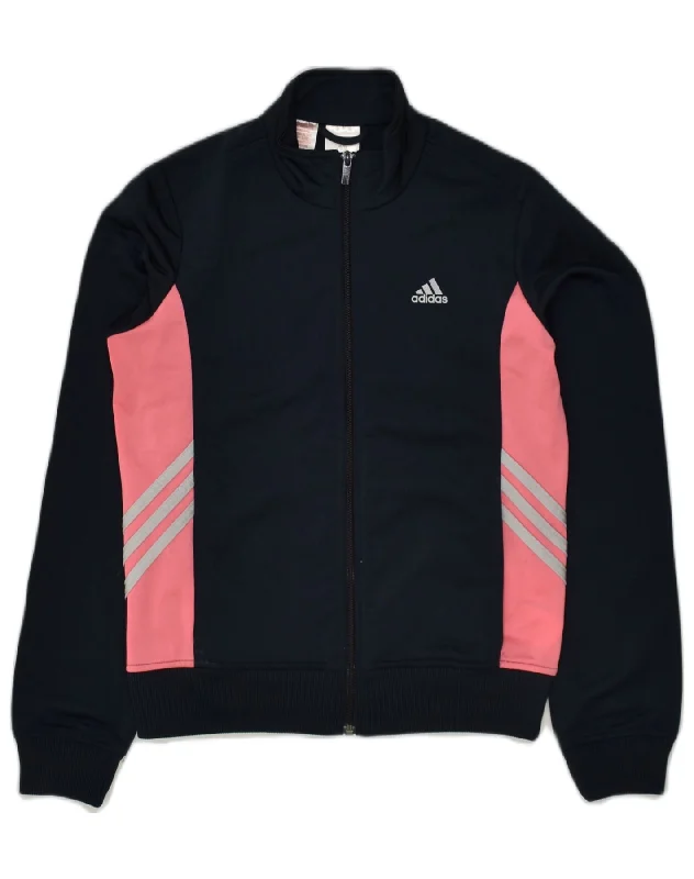 ADIDAS Girls Tracksuit Top Jacket 13-14 Years Navy Blue Colourblock