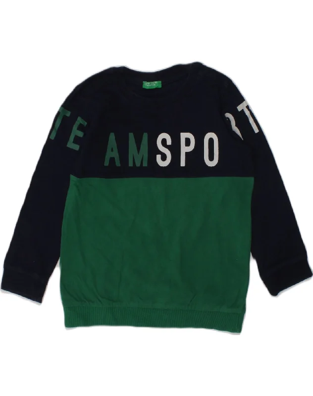 BENETTON Boys Graphic Sweatshirt Jumper 3-4 Years 2XS Green Colourblock