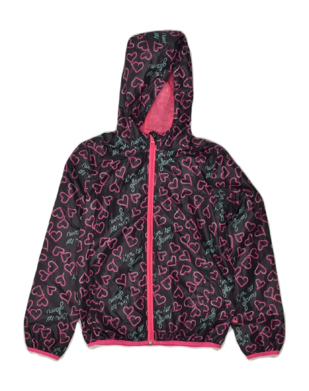 BENETTON Girls Hooded Rain Jacket 10-11 Years XL Black Polyester Heart