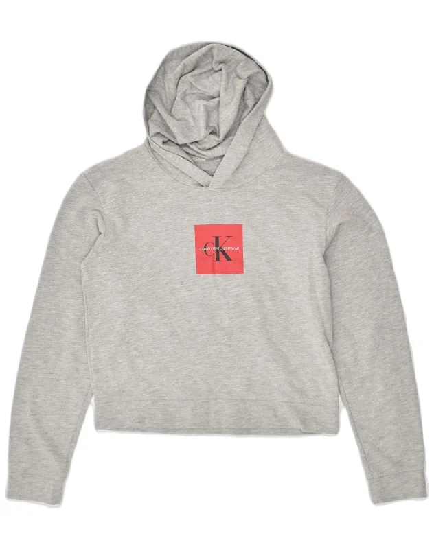 CALVIN KLEIN Girls Graphic Hoodie Jumper 14-15 Years Grey Cotton