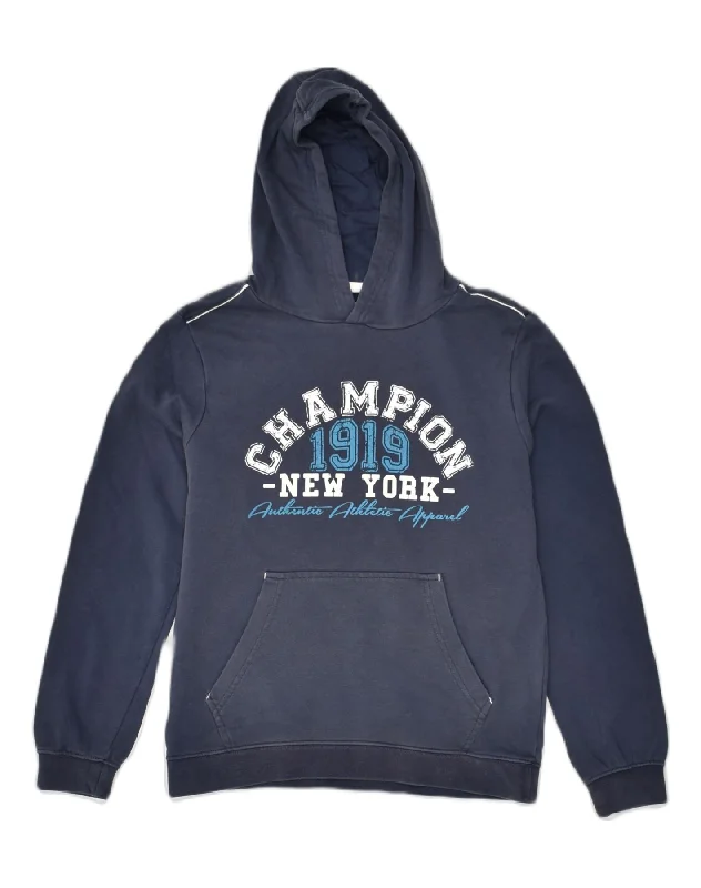 CHAMPION Boys Graphic Hoodie Jumper 11-12 Years Large Navy Blue Cotton