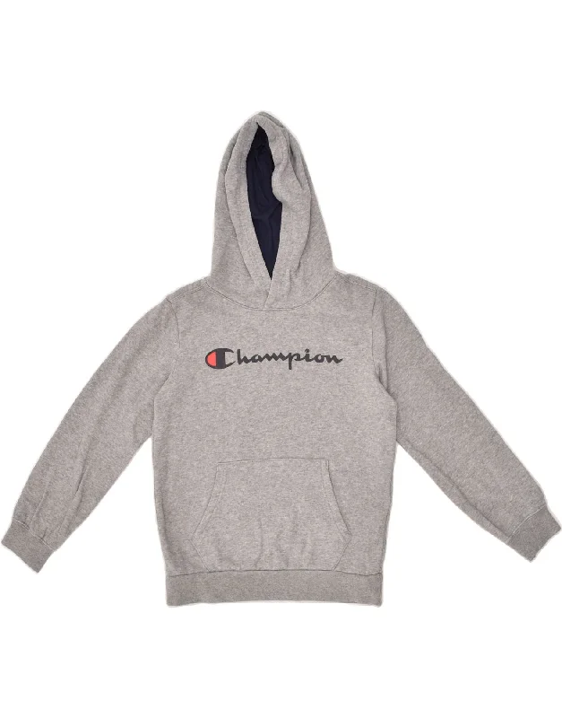 CHAMPION Boys Graphic Hoodie Jumper 9-10 Years Medium Grey Cotton