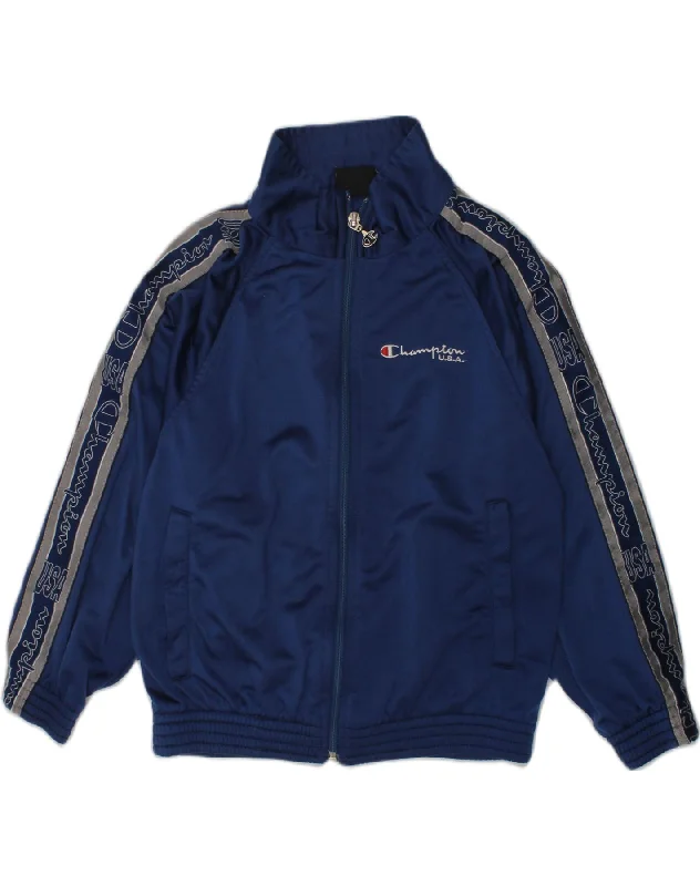 CHAMPION Boys Graphic Tracksuit Top Jacket 5-6 Years Navy Blue Polyester