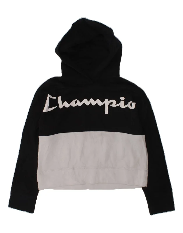 CHAMPION Girls Graphic Hoodie Jumper 7-8 Years Small  Black Colourblock