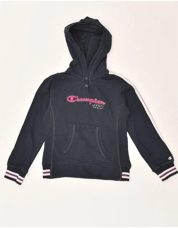 CHAMPION Girls Graphic Hoodie Jumper 7-8 Years Small Navy Blue Cotton