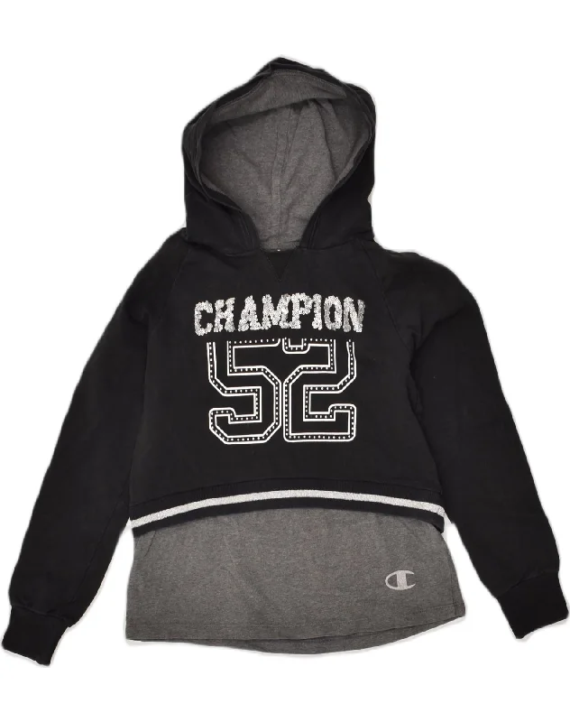 CHAMPION Girls Graphic Hoodie Jumper 9-10 Years Medium Black Colourblock