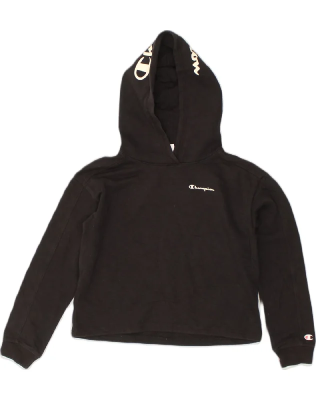 CHAMPION Girls Graphic Hoodie Jumper 9-10 Years Medium Black Cotton