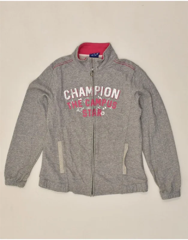 CHAMPION Girls Graphic Tracksuit Top Jacket 11-12 Years Large Grey Cotton