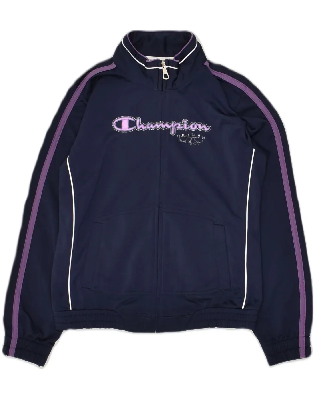 CHAMPION Girls Graphic Tracksuit Top Jacket 9-10 Years Medium  Navy Blue