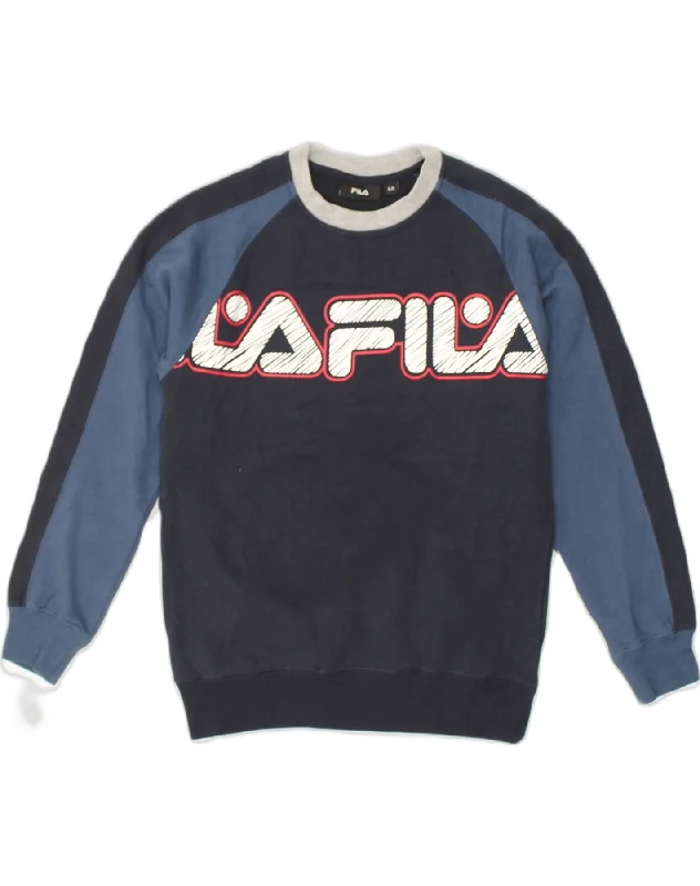 FILA Boys Graphic Sweatshirt Jumper 7-8 Years Navy Blue Colourblock Cotton