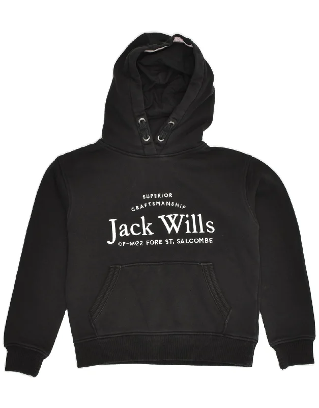 JACK WILLS Girls Graphic Hoodie Jumper 8-9 Years Black Cotton