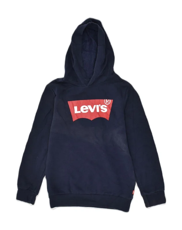 LEVI'S Boys Graphic Hoodie Jumper 8-9 Years Large Navy Blue Cotton