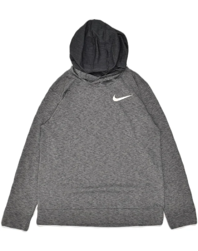 NIKE Boys Dri Fit Hoodie Jumper 10-11 Years Medium Grey Flecked Polyester