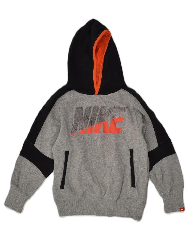 NIKE Boys Graphic Hoodie Jumper 8-9 Years Small Grey Cotton