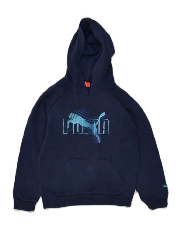 PUMA Girls Graphic Hoodie Jumper 7-8 Years Small Navy Blue Cotton