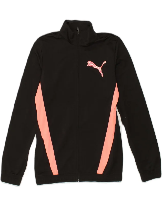 PUMA Girls Tracksuit Top Jacket 13-14 Years Black Striped Polyester