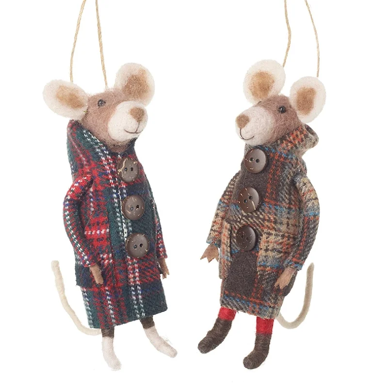 Set of 2 Felt Mice in Tartan Jackets Christmas Tree Decorations