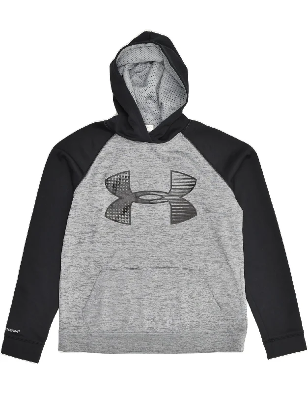 UNDER ARMOUR Boys Graphic Hoodie Jumper 15-16 Years XL Grey Colourblock