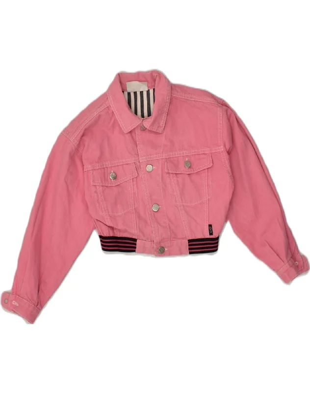 VINTAGE Girls Crop Denim Jacket 10-11 Years Medium Pink Cotton