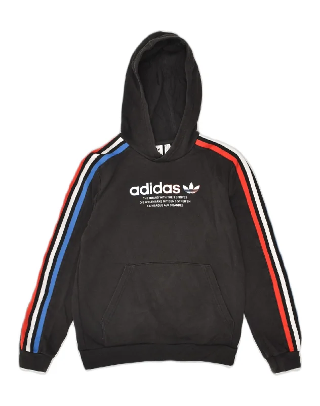 ADIDAS Boys Graphic Hoodie Jumper 11-12 Years Black Cotton