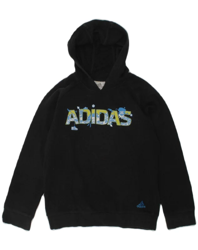 ADIDAS Boys Graphic Hoodie Jumper 9-10 Years Black Cotton