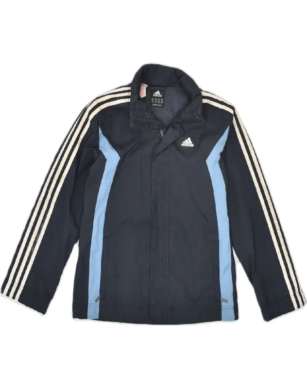 ADIDAS Boys Hooded Tracksuit Top Jacket 11-12 Years Navy Blue Colourblock