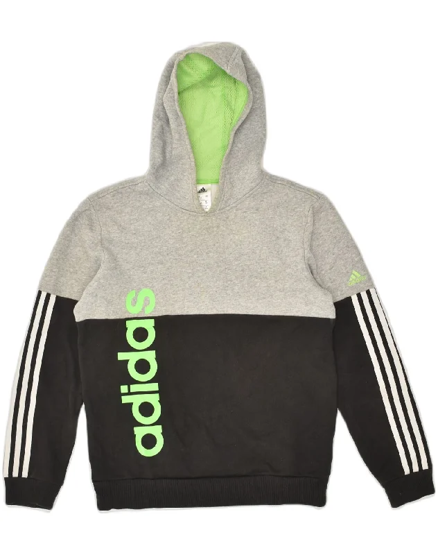 ADIDAS Boys Loose Fit Graphic Hoodie Jumper 13-14 Years Grey Colourblock