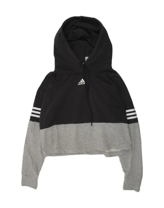 ADIDAS Girls Crop Hoodie Jumper 12-13 Years Medium  Black Colourblock