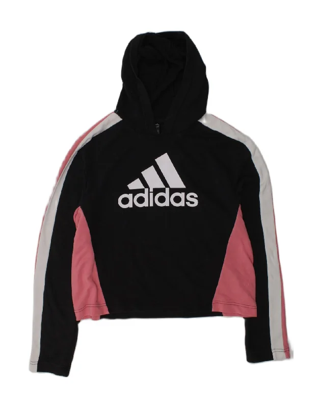 ADIDAS Girls Graphic Hoodie Jumper 13-14 Years Black Colourblock Cotton