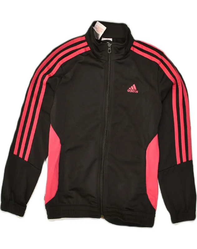 ADIDAS Girls Tracksuit Top Jacket 9-10 Years Black Colourblock Polyester