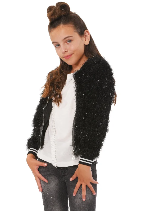 Big Girls Faux Fur Sparkly Sporty Chic Bomber Jacket