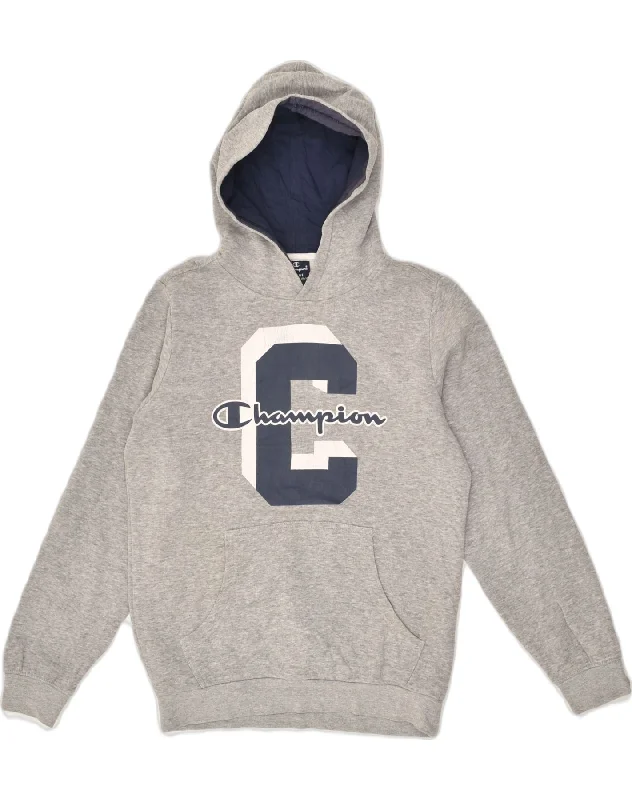 CHAMPION Boys Graphic Hoodie Jumper 11-12 Years Large Grey Cotton