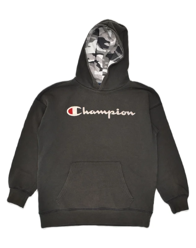 CHAMPION Boys Graphic Hoodie Jumper 13-14 Years XL Black Cotton