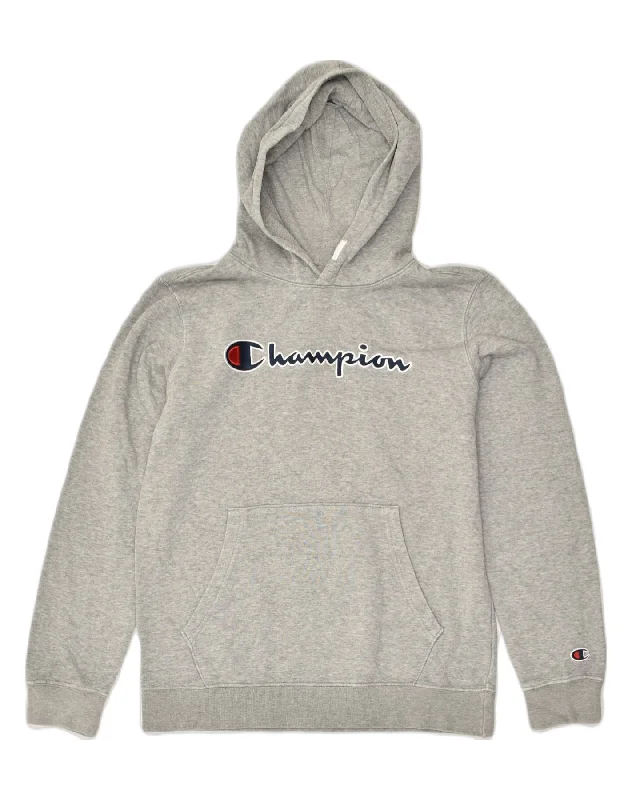 CHAMPION Boys Graphic Hoodie Jumper 13-14 Years XL Grey Cotton