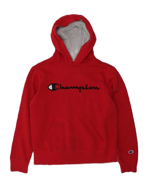 CHAMPION Boys Hooded Hoodie Jumper 12-13 Years Medium Red Cotton