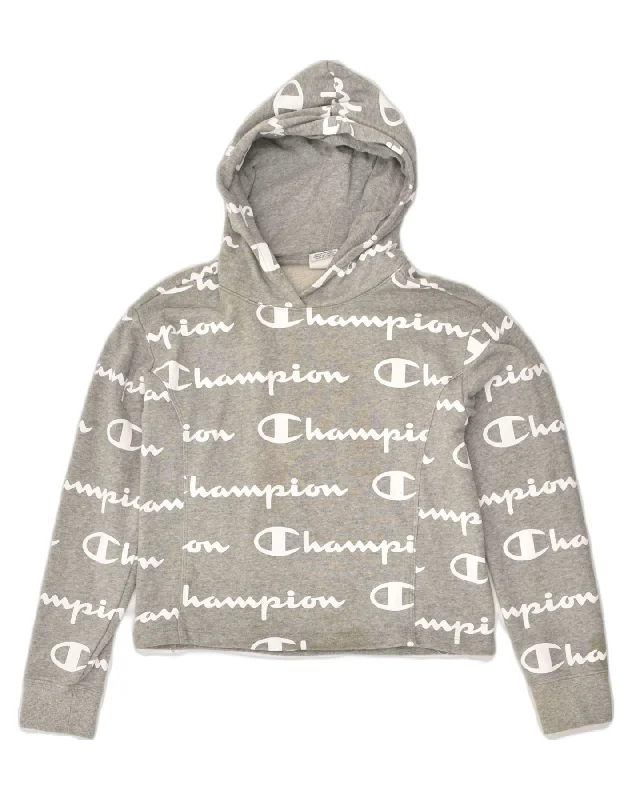 CHAMPION Girls Crop Hoodie Jumper 11-12 Years Large  Grey Cotton