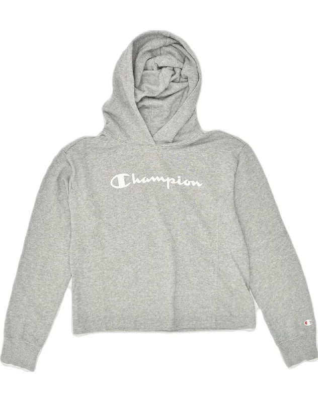 CHAMPION Girls Graphic Hoodie Jumper 11-12 Years Large Grey Cotton