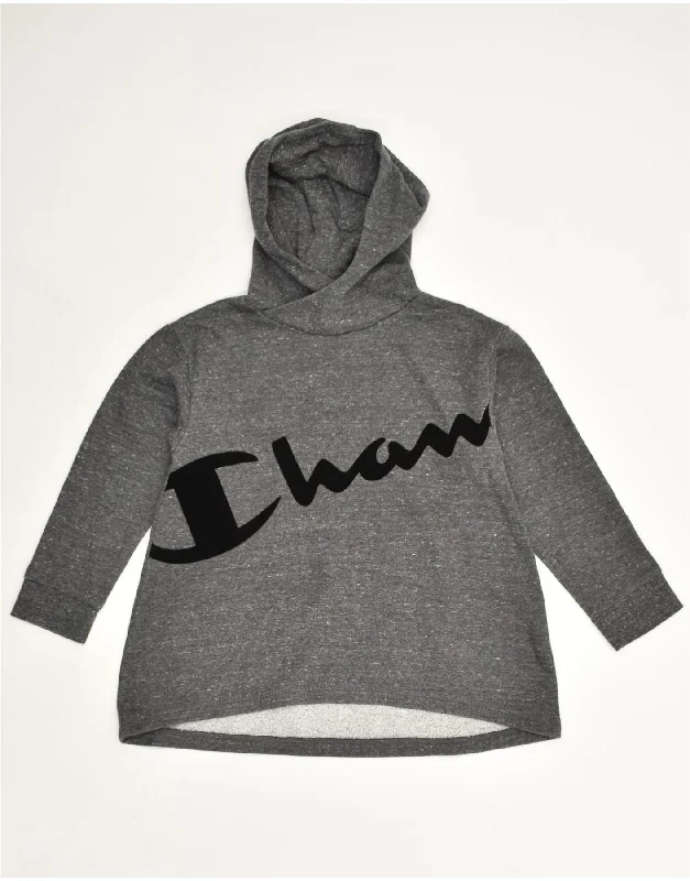 CHAMPION Girls Graphic Hoodie Jumper 7-8 Years Grey Cotton