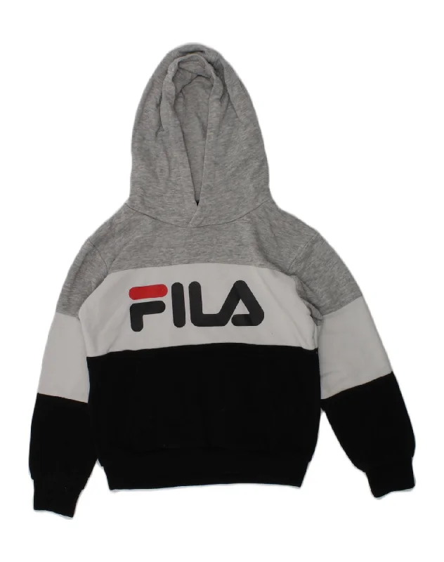 FILA Boys Graphic Hoodie Jumper 5-6 Years Grey Colourblock Cotton