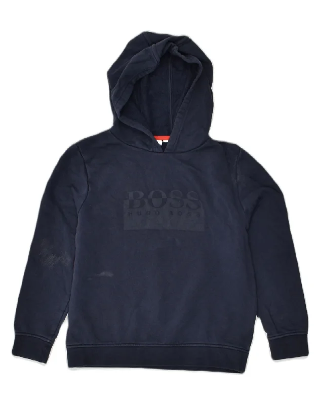 HUGO BOSS Boys Graphic Hoodie Jumper 9-10 Years Navy Blue Cotton