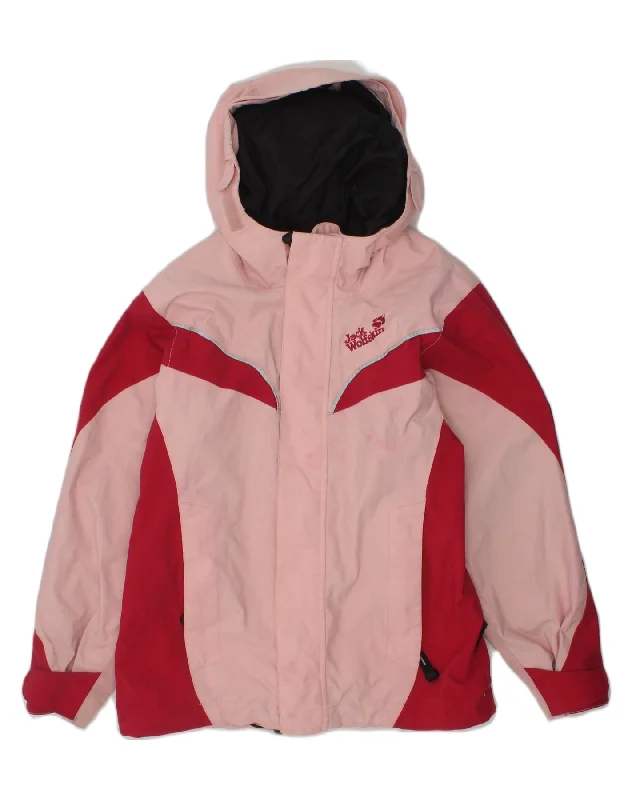 JACK WOLFSKIN Girls Hooded Rain Jacket 7-8 Years Pink Colourblock