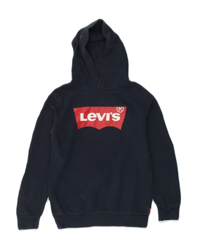 LEVI'S Boys Graphic Hoodie Jumper 10-11 Years Large Navy Blue Cotton