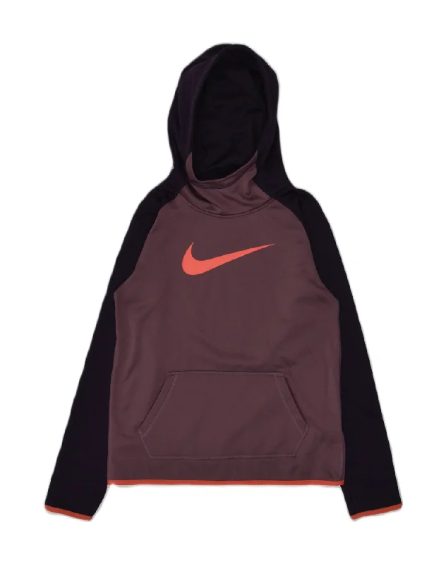 NIKE Boys Graphic Hoodie Jumper 8-9 Years Large Brown Colourblock