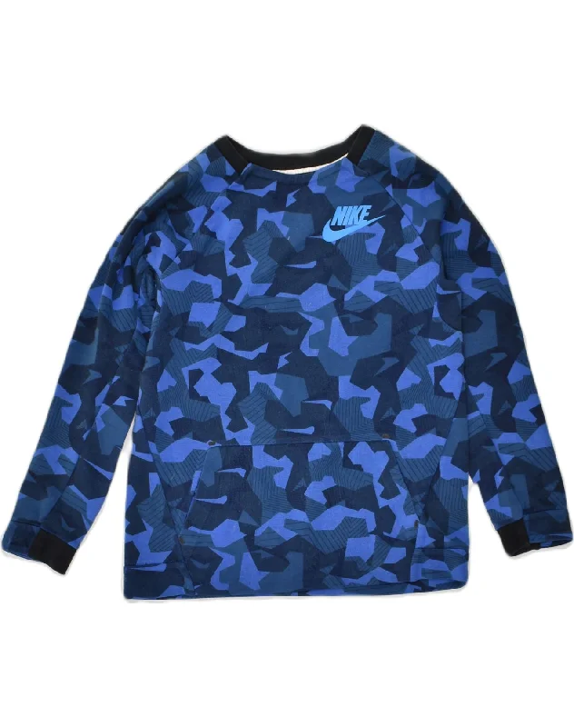 NIKE Boys Graphic Sweatshirt Jumper 12-13 Years Large Blue Camouflage