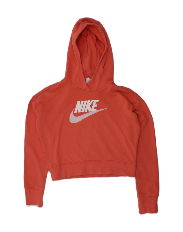 NIKE Girls Graphic Hoodie Jumper 12-13 Years Large Orange Cotton