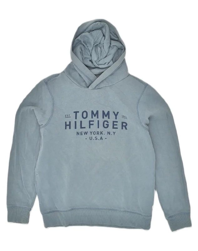 TOMMY HILFIGER Boys Graphic Hoodie Jumper 15-16 Years Blue Cotton